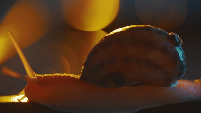 Snail moves slowly under warm lights at night during a quiet moment in nature