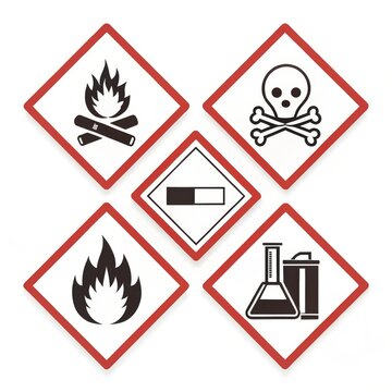 A collection of hazard symbols including fire, skull, health hazard, and chemical hazard signs on white