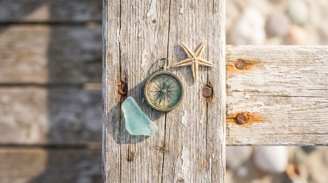 Starfish and antique navigational tool set on a weathered boardwalk