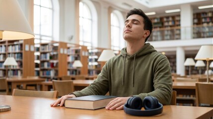 Fototapeta premium Young man sitting at a library table with eyes closed, resting his hands on a book with headphones nearby, taking a break from studying