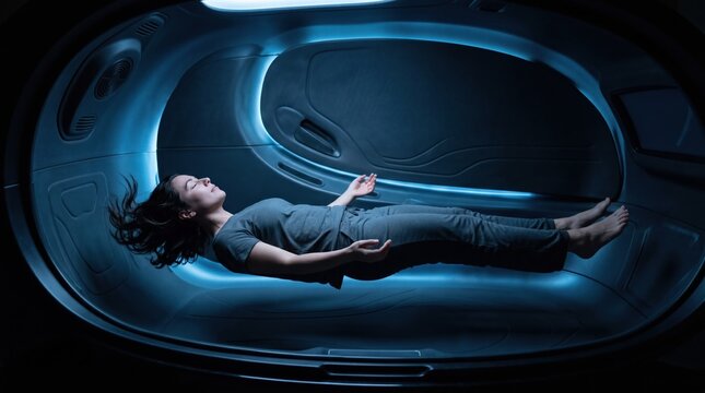 Photorealistic, a serene woman floating completely weightlessly inside a futuristic waterless sensory deprivation pod, glowing soft blue light.High definition. Area for copy space