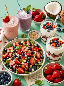 Strawberry spinach salad in a white bowl surrounded by berry smoothies yogurt parfaits and fresh fruit on a light green background