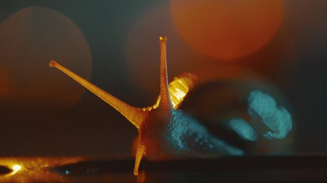 Close look at a snail moving slowly on a wet surface at night with blurred city lights in the background