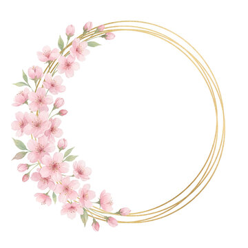 Watercolor Cherry Blossom Wreath with Gold Frame transparent background