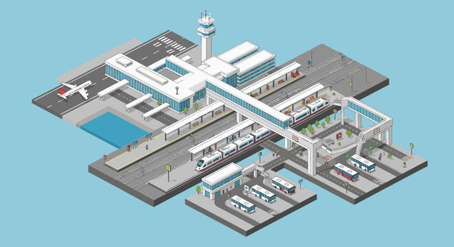 Modern Isometric Transportation Hub A comprehensive illustration of an integrated airport, train station, and bus terminal facilitating seamless urban and global travel