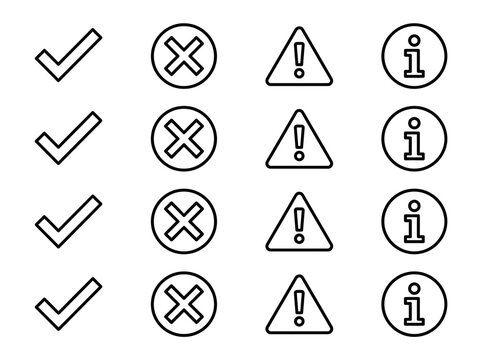 Precision outline vector icon system for digital interfaces: conveying approval, denial, caution, and essential information status.