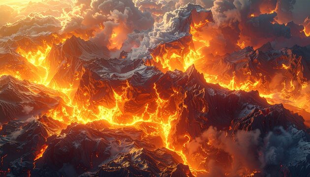 ambiente vulcanico di fantasia, visto dall'alto, fiamme che avvolgono le montagne e fiumi di lava che scorrono attraverso la roccia, illustrazione 3D