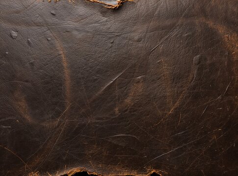 Distressed dark brown leather texture surface with visible scratches, grain, and weathered edges.