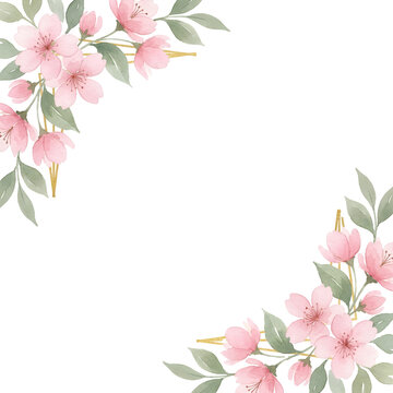Watercolor Cherry Blossom Wreath with Gold Frame transparent background