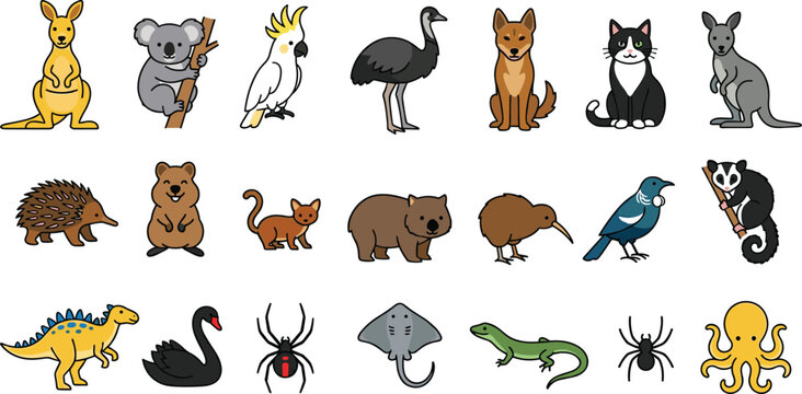 Cute Australian Animal Set with Kangaroo, Koala, Emu, Cockatoo, Wombat, Dingo, Cat, and More for Wildlife and Nature Designs