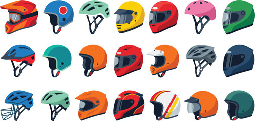 Colorful Helmet Set Featuring Various Helmet Designs for Sports, Safety, and Protective Gear Illustrations © MeheDi