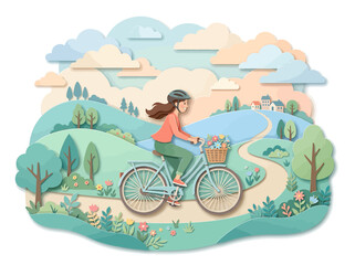 Fototapeta premium Joyful woman cycling through a picturesque landscape with rolling hills and blooming flowers, evoking a sense of freedom and outdoor adventure