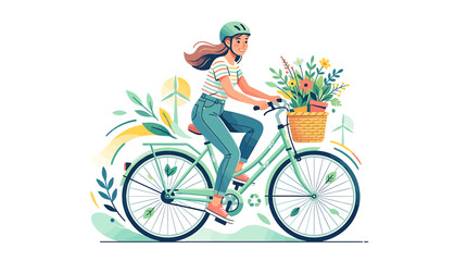 Fototapeta premium Joyful woman cycling through nature with a basket full of vibrant flowers, embodying eco-friendly lifestyle and outdoor recreation