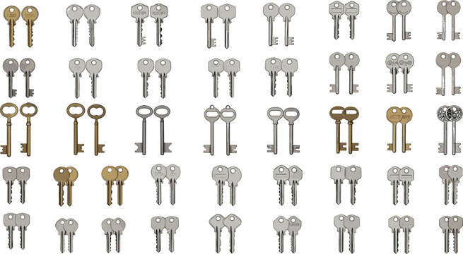 Neat rows of duplicate metallic door keys sorted in couples on clear white background perfect for residential locksmith safety service real estate and protection concept