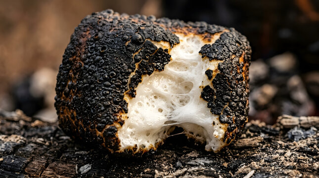 A piece of burnt bread with a white interior sits on a dark surface