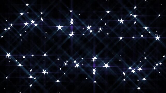 Stars sparkle and twinkle across a dark blue geometric background with glowing light trails and soft lens flare effects