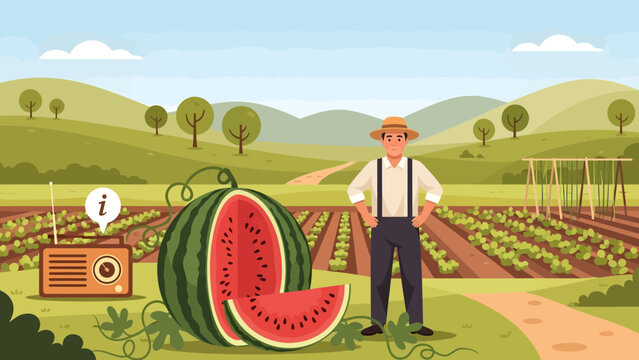 Man standing next to watermelon farm.