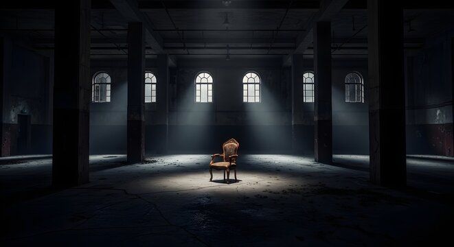 Ornate chair illuminated in abandoned industrial hall with light rays from windows