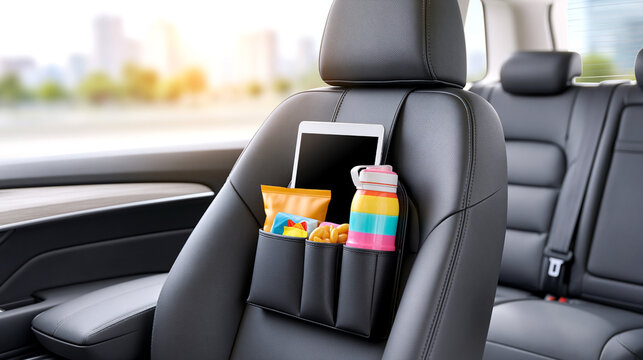 Premium leather car backseat organizer attached to a vehicle seat, featuring pockets for drinks, snacks, and a tablet, with a blurred cityscape in the background