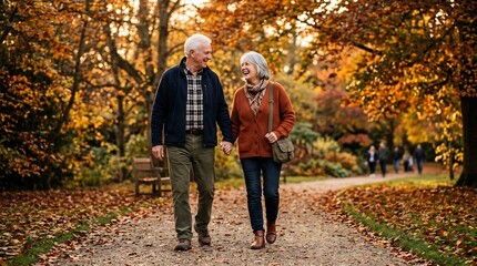 Obraz premium Happy senior couple holding hands and walking through a park with vibrant autumn foliage and golden fallen leaves
