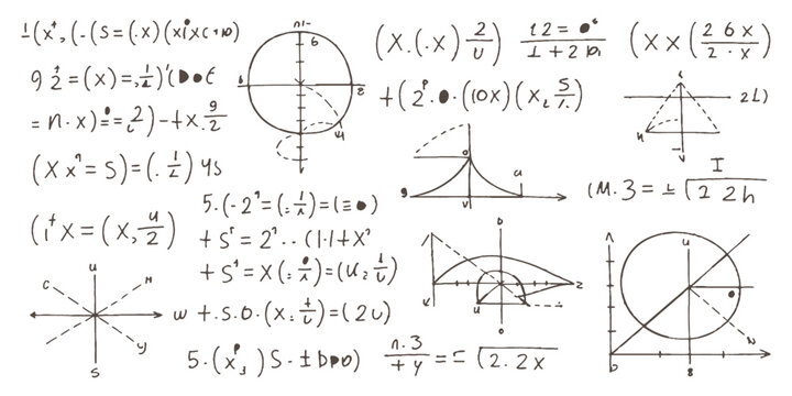 Hand drawn complex mathematical equations formulas and geometric graphs education concept blackboard background vector illustration.