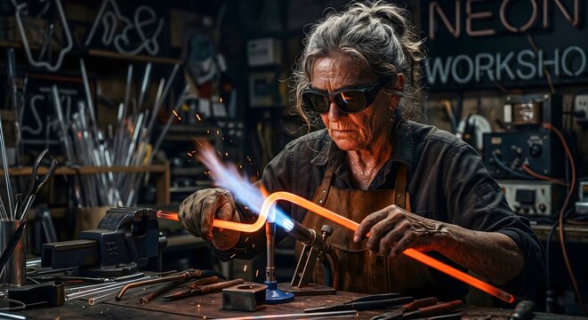 Artisan glassblower shaping neon tubes in workshop