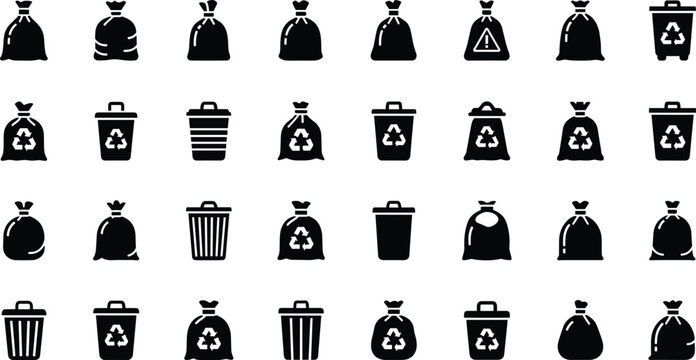 Garbage bag and recycling bin icons, trash can silhouettes collection, waste management symbols set, black solid style, recycle sign graphics, vector illustration
