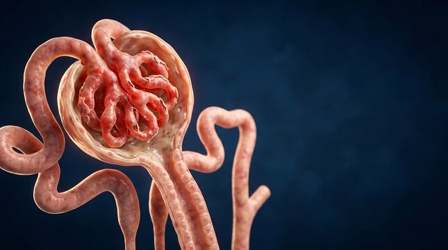 3D Medical Illustration of a Human Kidney Nephron with Glomerulus Inflammation and Tissue Damage on Dark Background