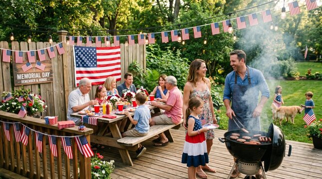 Happy multi-generational family celebrating Memorial Day with a patriotic backyard BBQ party on a wooden deck decorated with American flags and bunting while grilling food & eating together outdoors.