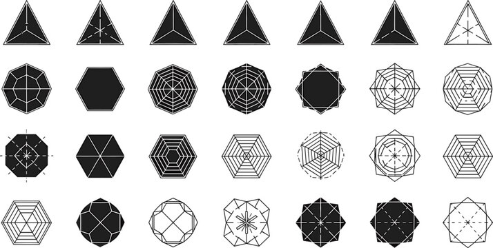 Geometric hexagon and triangle icons with radial line patterns