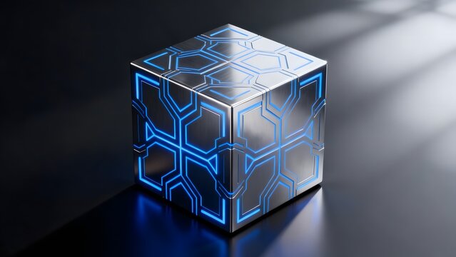 Metallic cube with glowing blue circuit patterns