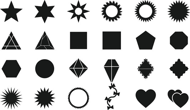 Geometric shape icon set with stars sunbursts polygons circles and hearts vector illustration
