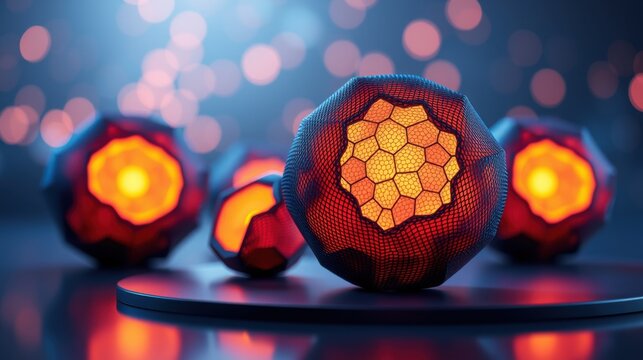 Glowing geometric orbs rest upon reflective surface. Warm light emanates from intricate honeycomb patterns within dark shells. Bokeh background adds depth.
