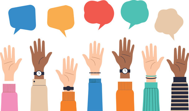Raised hands with colorful speech bubbles representing audience participation, diverse opinions, communication, and interactive discussion concept illustration