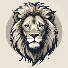 Illustration of a lion's head with a majestic mane against a beige circular background. © Sabiq