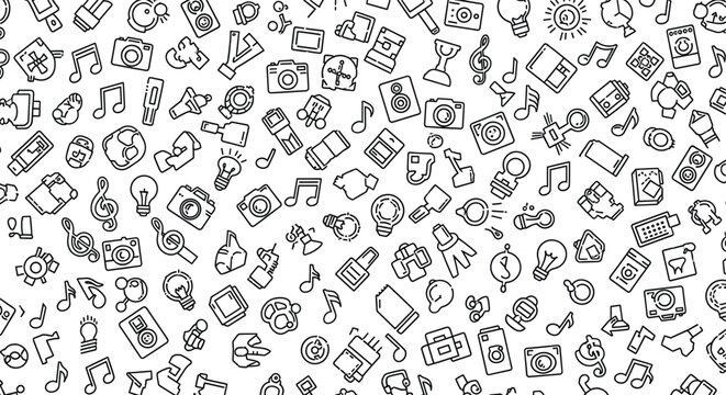 Hand Drawn Music And Media Doodle Icons Pattern, Audio, Camera And Creative Equipment Collection, vector illustration