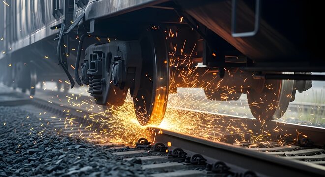 Close-up of train wheel grinding on railway track, creating sparks