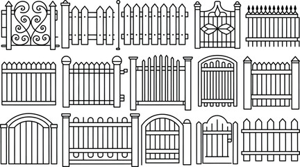 Obraz premium Vector Architectural Fence and Railing Elevation Set Featuring Wrought Iron and Glass Designs