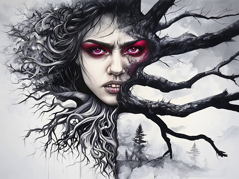 disegno del volto di una donna che diventa i rami e le radici contorte di un'albero, drawing of a woman's face that becomes the twisted branches and roots of a tree