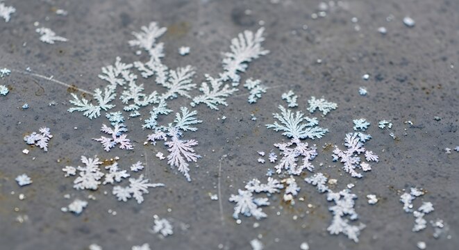 Close-up of frost crystals forming intricate patterns on a dark, textured surface.
