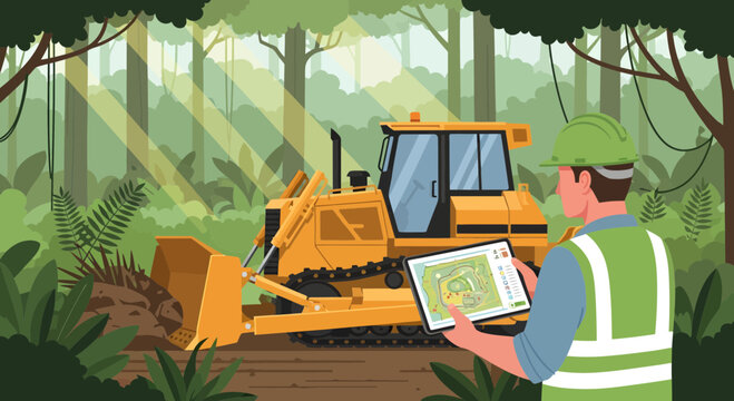 Man in vest holding tablet near bulldozer.
