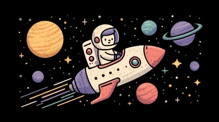 Fototapeta premium A cartoon astronaut piloting a rocket ship through a colorful, star-filled galaxy, surrounded by planets