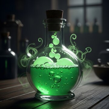 Glowing green potion in a glass flask with swirling smoke, close-up