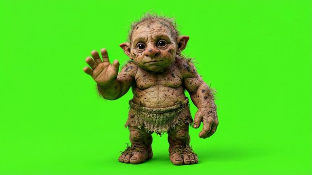 Fantasy Troll Creature Standing on Green Screen Background for Compositing.