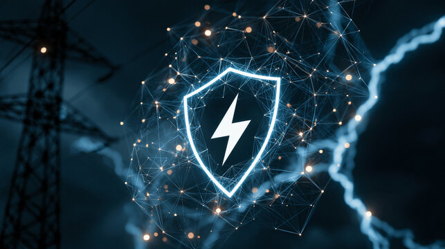 A glowing shield with a lightning bolt protects a network from electrical surges at night