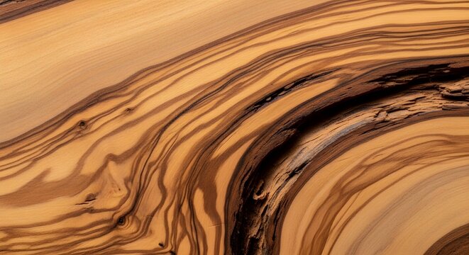 Close-up of rich, wavy olive wood grain with dark brown and golden hues