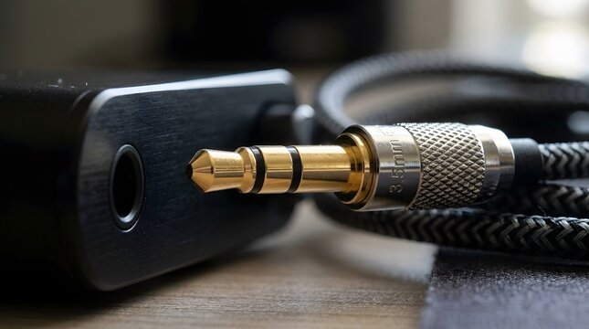 Headphone jack connector closeup with metallic gold and textured grip for audio cable signal transfer