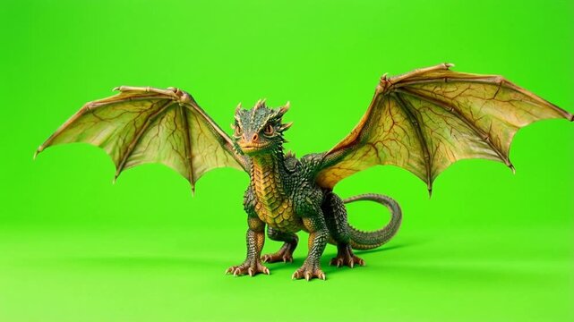 Majestic Dragon Figure on Green Screen - Fantasy Creature Close-Up.