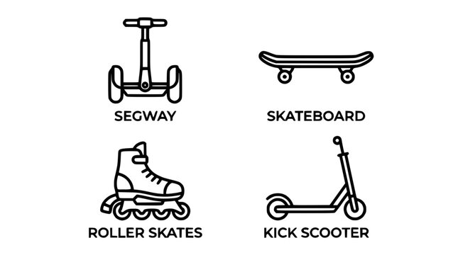 Personal Mobility Transport Icons: Segway, Skateboard, Roller Skates, Kick Scooter