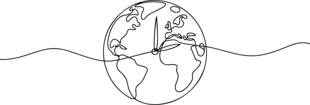 Continuous one line drowing of earth clock and Earth hour concept. one line icon drawing vector